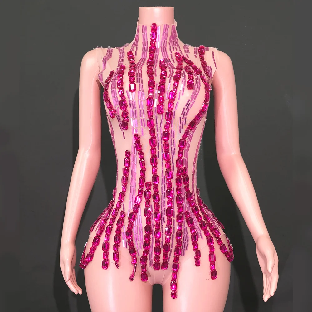 بدلة للجسم بمرايا مرصعة بأحجار الراين اللامعة للنساء، شبكة مثيرة وشفافة بدون أكمام، ملابس رقص لمرحلة الراقصة