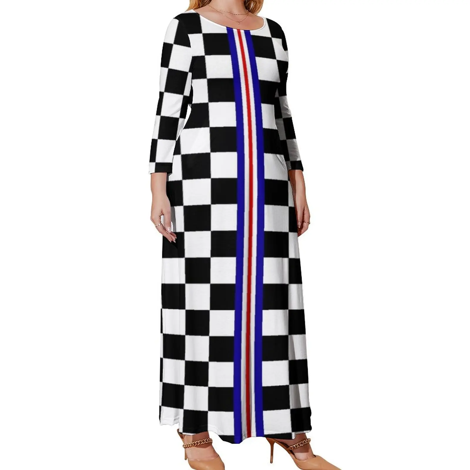 

Chequered Flag with Stripes Long Sleeved Dress women's evening dresses