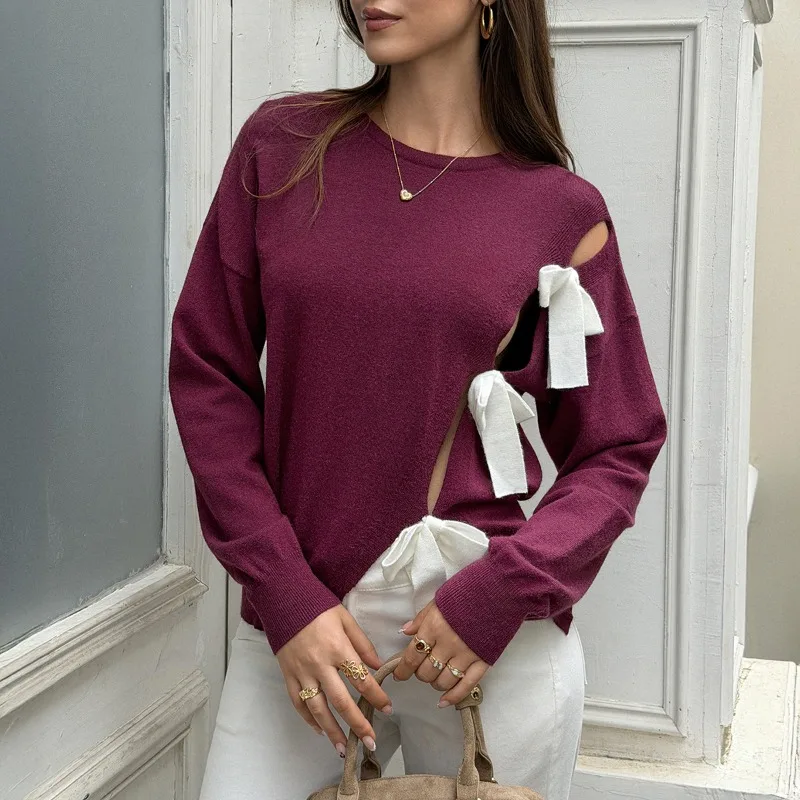 Women Round Neck Cutout Knit Sweater With Bow Decor Long Sleeve Loose Pullover Top Fashion Casual Autumn Knitwear