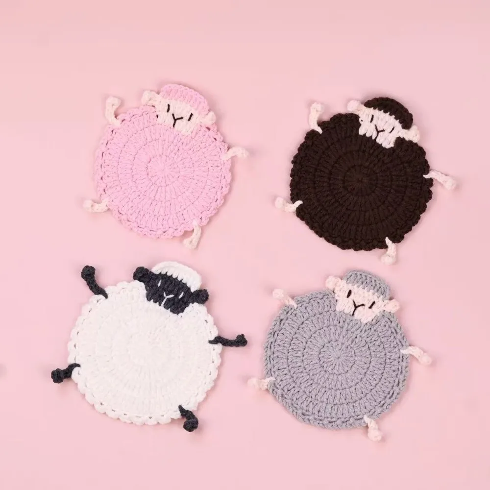Cute Crochet Lamb Coasters Cartoon Handmade Heat Insulator Pad Table Protection Animal Placemats Teacup Pad Tableware