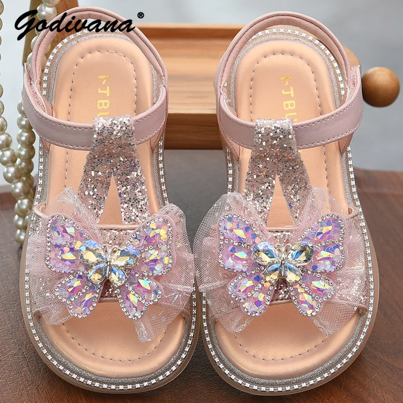 Sweet Baby Girls Princess Sandals Kids 2026 Summer New Fashion Open Toe Rhinestone Bow Soft Non-slip Flat Velcro Party Shoes