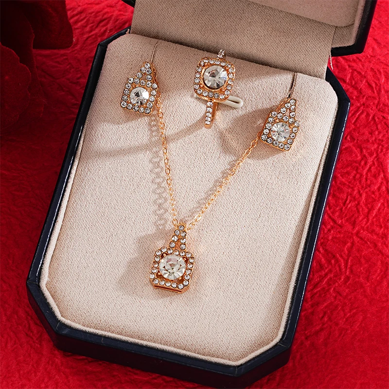 3Pcs/set Luxury Fashion Temperament Square Zircon Earrings Necklace Ring For Women Girls Bride Wedding Banquet Jewelry Set Gifts