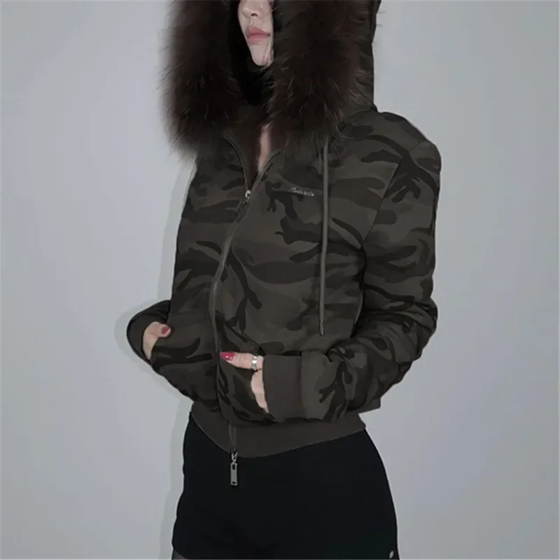 2025 New Vintage Dark Streetwear Hoodies Faux Fur Collar Double Zip Hooded Coats Women Pocket Gothic Jackets Y2K Grunge Cardigan