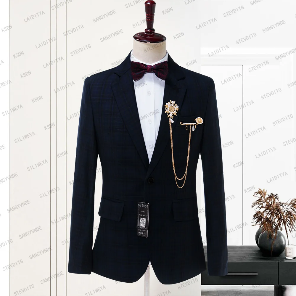 

2023 Custom Made Groomsmen Dark Blue Plaid Pattern Tuxedo Casual Business Notched Lapel Wedding Best Man Suit Jacket Blazer Coat