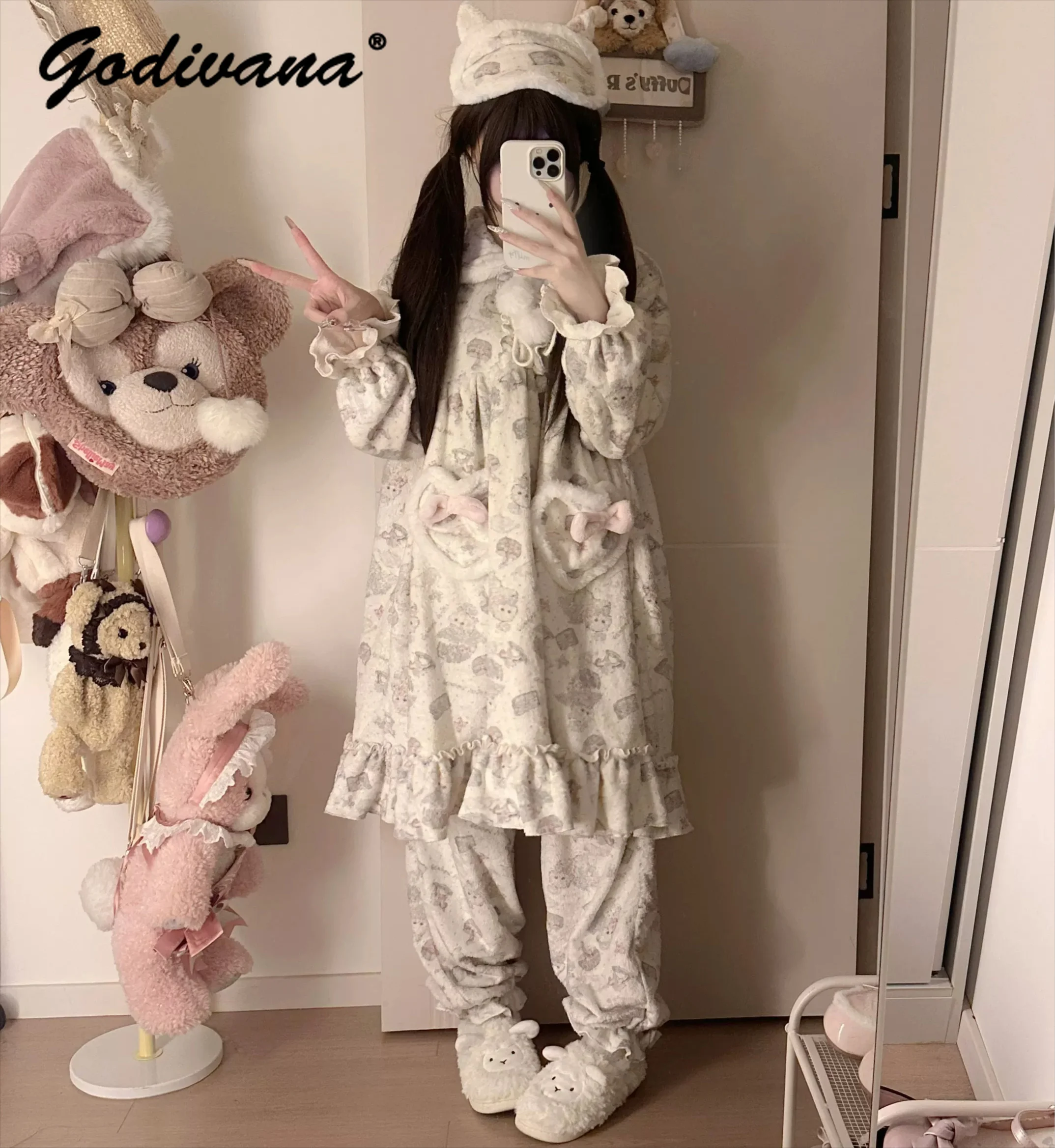 Flannel Pajama Set Autumn and Winter Girls Female Long Sleeve Cartoon Print Nightgown and Pants Two-piece Set Warm Loungewear