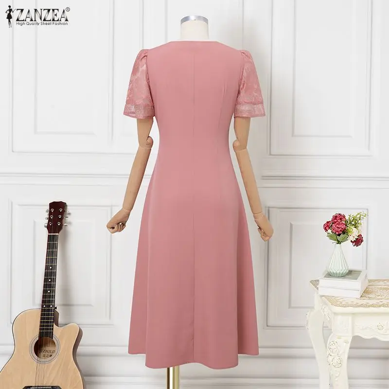ZANZEA-Vestido largo elegante con cuello cuadrado para mujer, Vestidos por debajo de la rodilla de retales de encaje, vestido veraniego Sexy para fiesta y vacaciones de verano, bata de manga corta