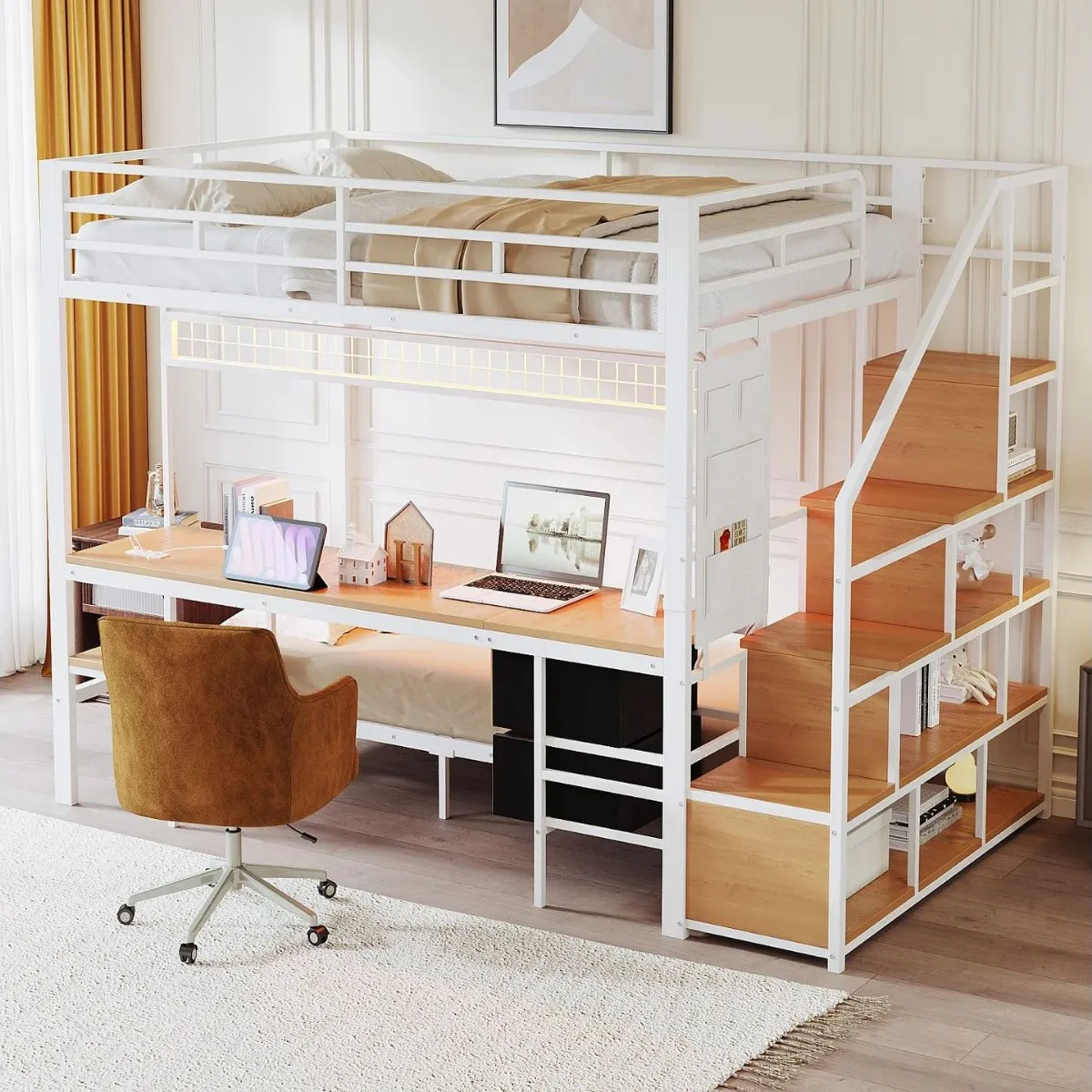 Household Full Size Bed Under Table With Stairs Integrated Bedroom Double Metal Bed