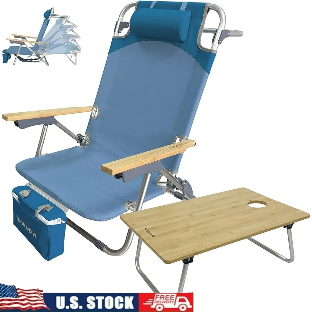 

Folding Backpack Beach Chair with Cooler Bag 5-Position Lounge Chair Portable Aluminum Table Outdoor Adults Relaxation