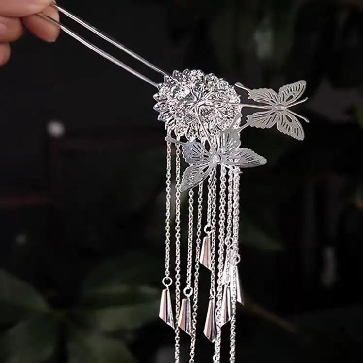 دبوس شعر على الطراز القديم على شكل حرف U للنساء مع دبوس شعر معدني بشرابة على شكل فراشة، دبوس شعر طويل قديم، دبوس شعر هانفو #1