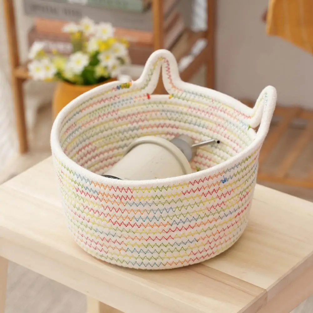 Small Woven Cotton Rope Storage Basket Cat Ear Decor Cute Storage Bin Dog Cat Pet Toy Box Cosmetic Snacks Braided Storage Basket