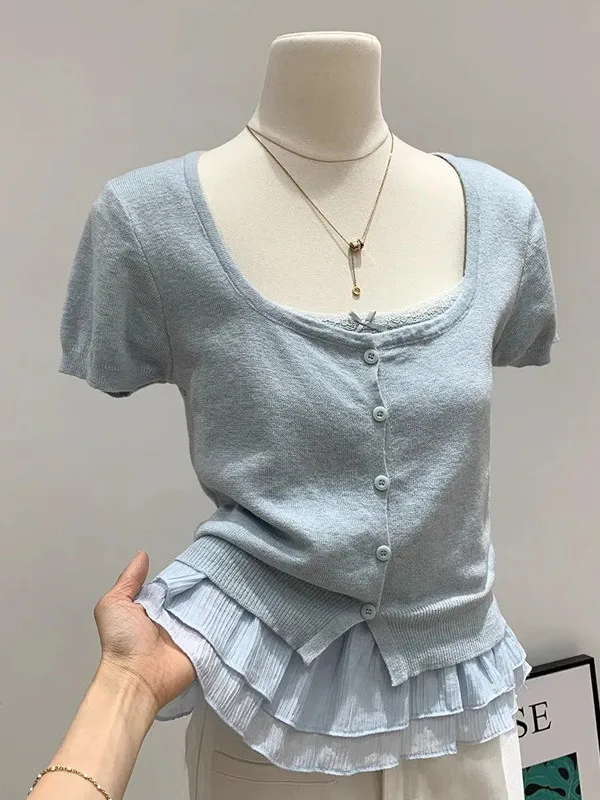 

plus Size 300 Pounds Lace Splice Short Sleeve Knitted Sweater Women Summer Slimming Base Layer Shirt Korean Style Loose Fit