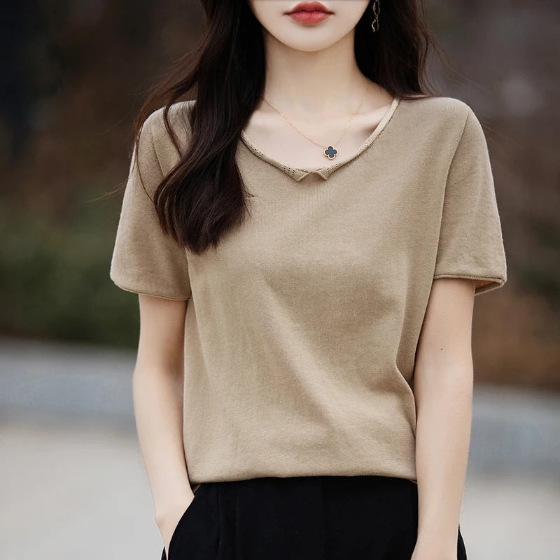 100% Pure Cotton Knitted Women'S Short-Sleeve V-Neck T-Shirt With Rolled Edges Fashionable Casual Loose-Fitting Summer Top
