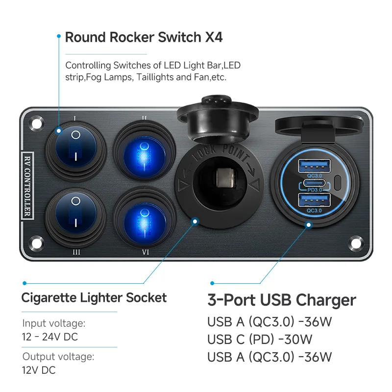 USB QC3.0 / PD Multi-Functions Aluminum Panel 12V 24V Cigarette Lighter Socket for RV Round Rocker Switch for Yacht Travel