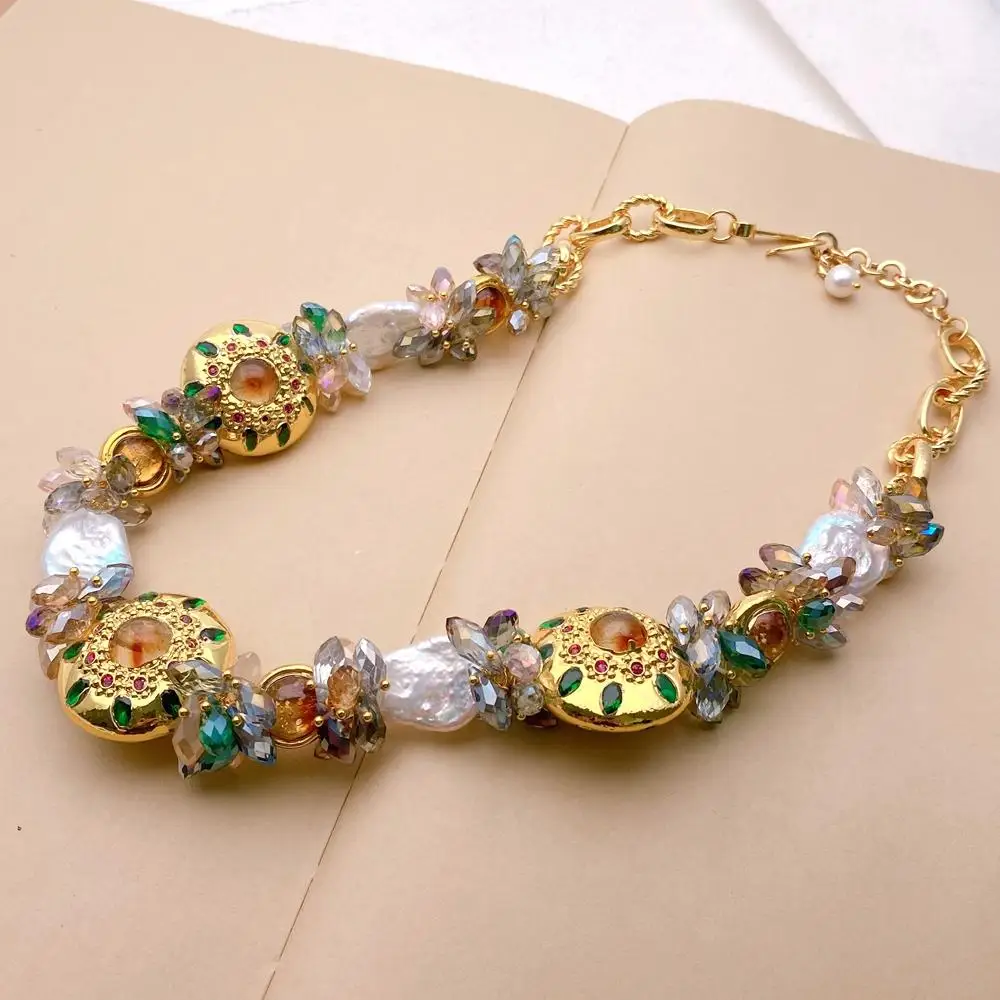 

Y·YING Multi Color Gemstone Necklace White Keshi Pearl Citrine Murano Glass Crystal Chain Choker Necklace For Party