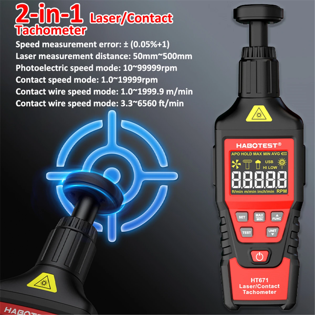 

HT671 Тахометр 2-в-1, контактный и бесконтактный цифровой тахометр, портативный лазерный тахометр, высокая точность, макс. 99999 об/мин, тахометр