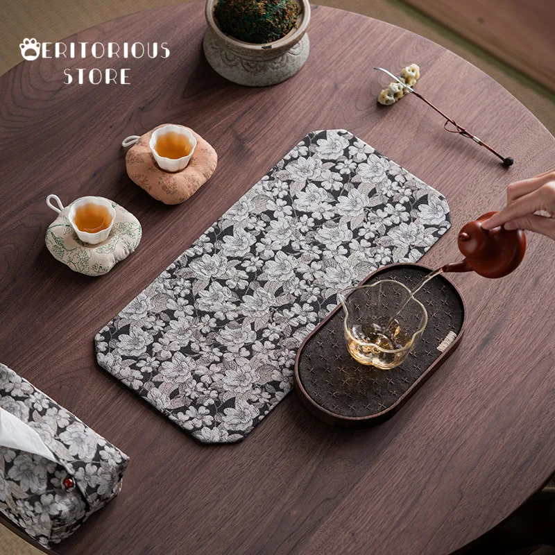 Chinese Tea Mat Brocade Embroidery Flowers Cup Mat Zen Big Place Mat Double-sided Waterproof Coaster Tablecloth Tea Accessories