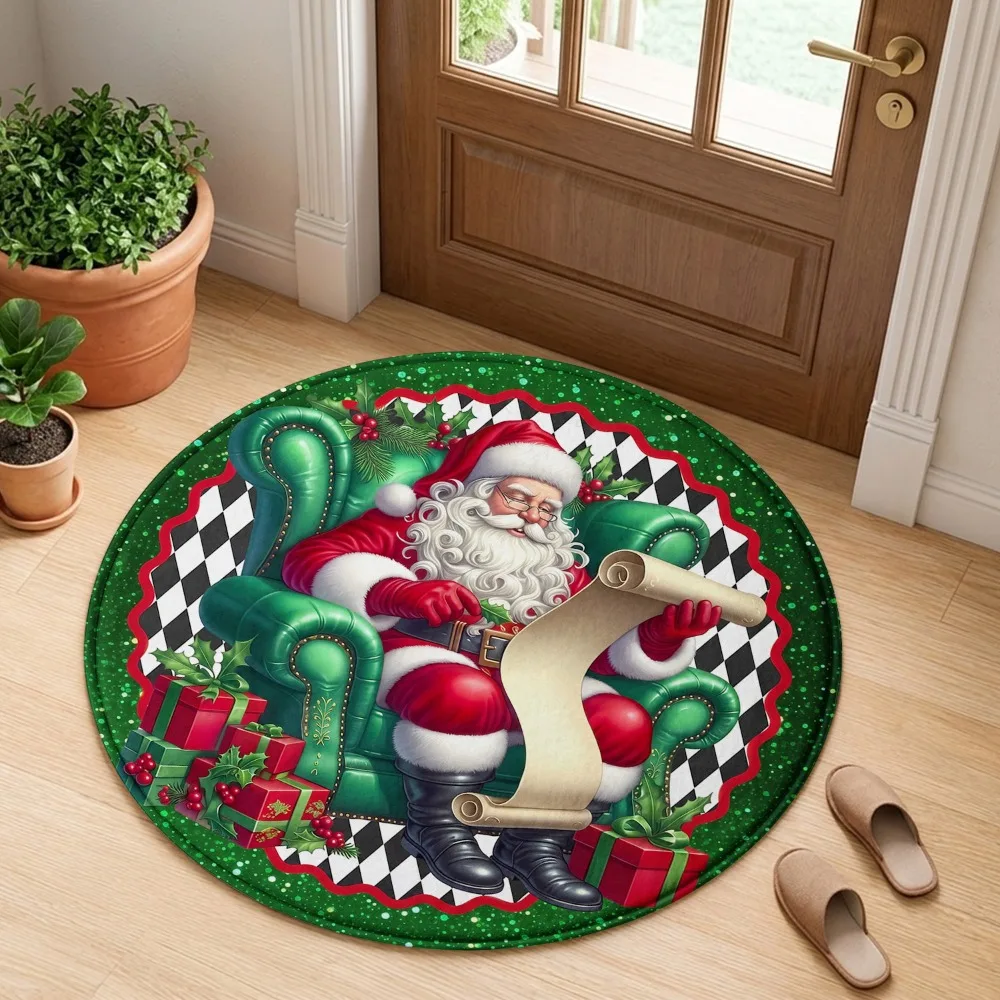 Santa Claus Reading Scroll List Armchair Gift Box Checked Pattern Holiday Luxury Round Mat Elegant Area Rug Home Decor
