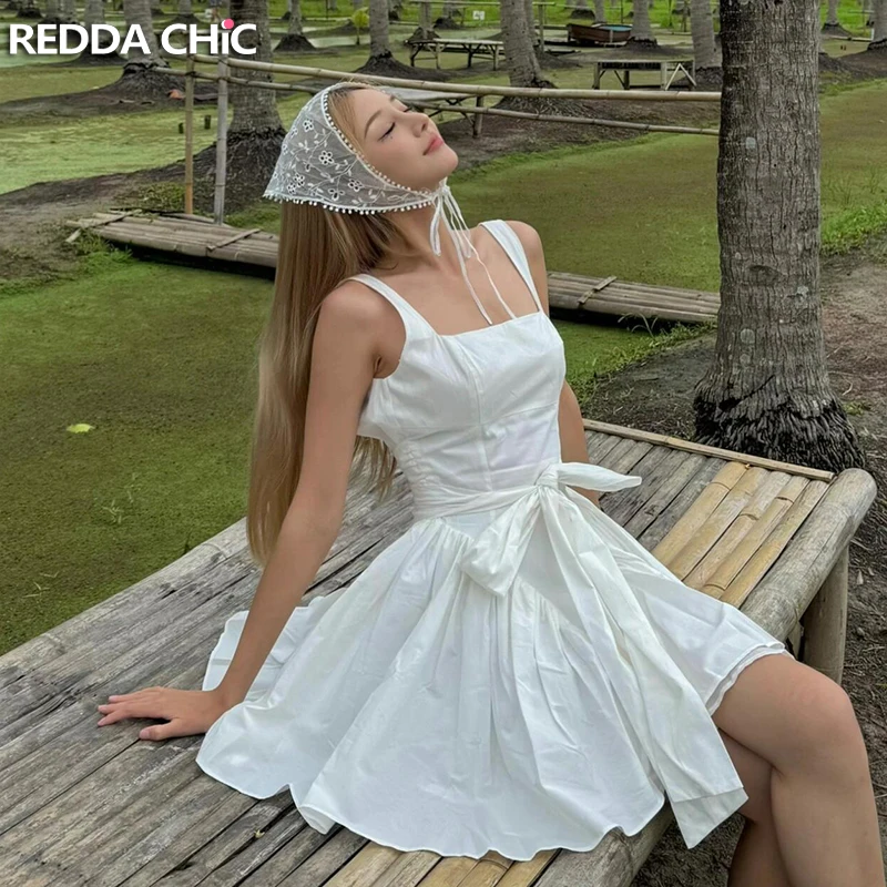 REDDACHiC-Mini vestido sem mangas branco com plissado inchado para mulheres, vestido regata de peça única, vestido casual com plissado, roupa balletcore, verão