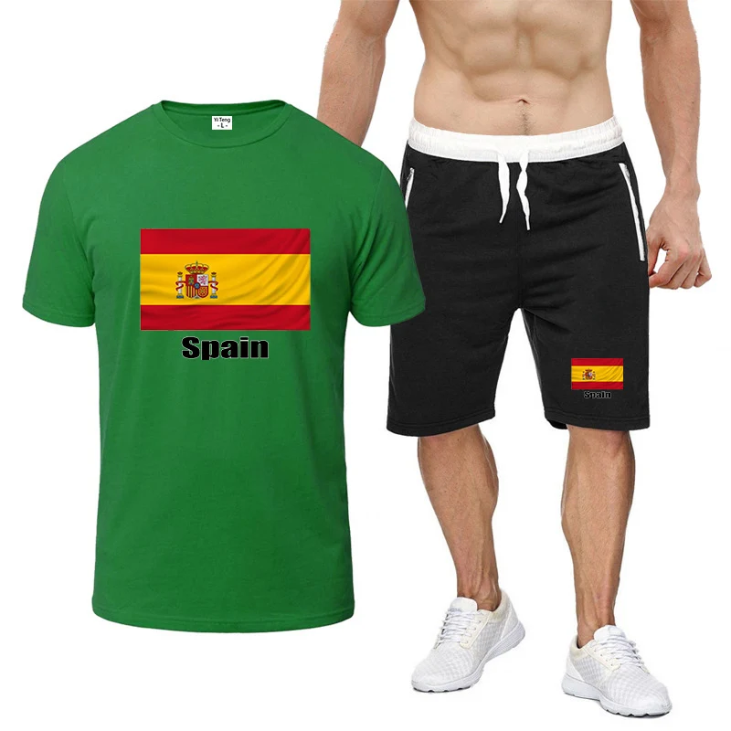 

2026 Football Team Summer Men's Spanish Flag Logo Print Trendy High Quality Versatile Fashion Round Neck T-shirt Pants Suits