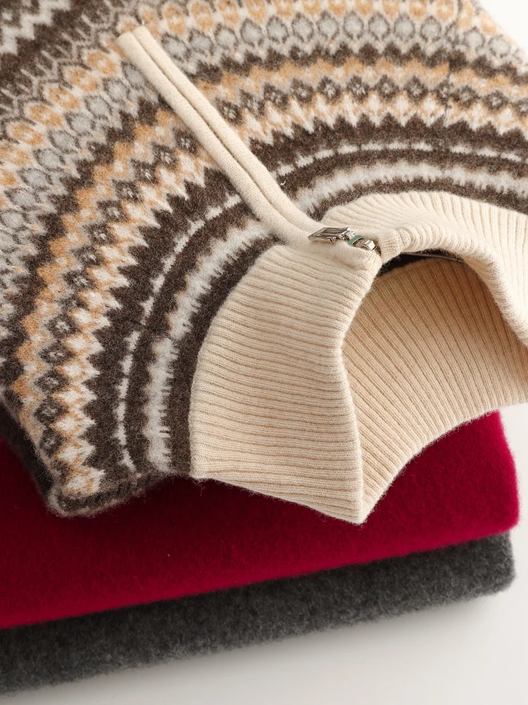 

Осень-зима, мужской шерстяной пуловер на молнии, теплый свитер с воротником-стойкой, кашемировый джемпер Fair Isle, трикотаж из 100% мериносовой шерсти, топы