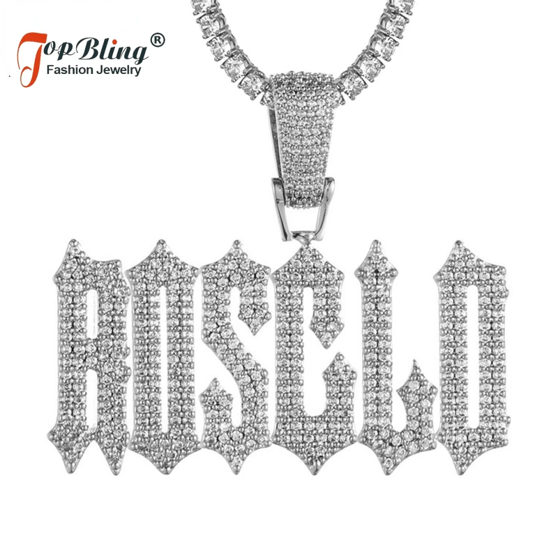 TopBling Custom Chain Name Cubic Zircon Brush Cursive Iced Out  Letters Chain Pendants&Necklaces For Men Jewelry With Solid Back