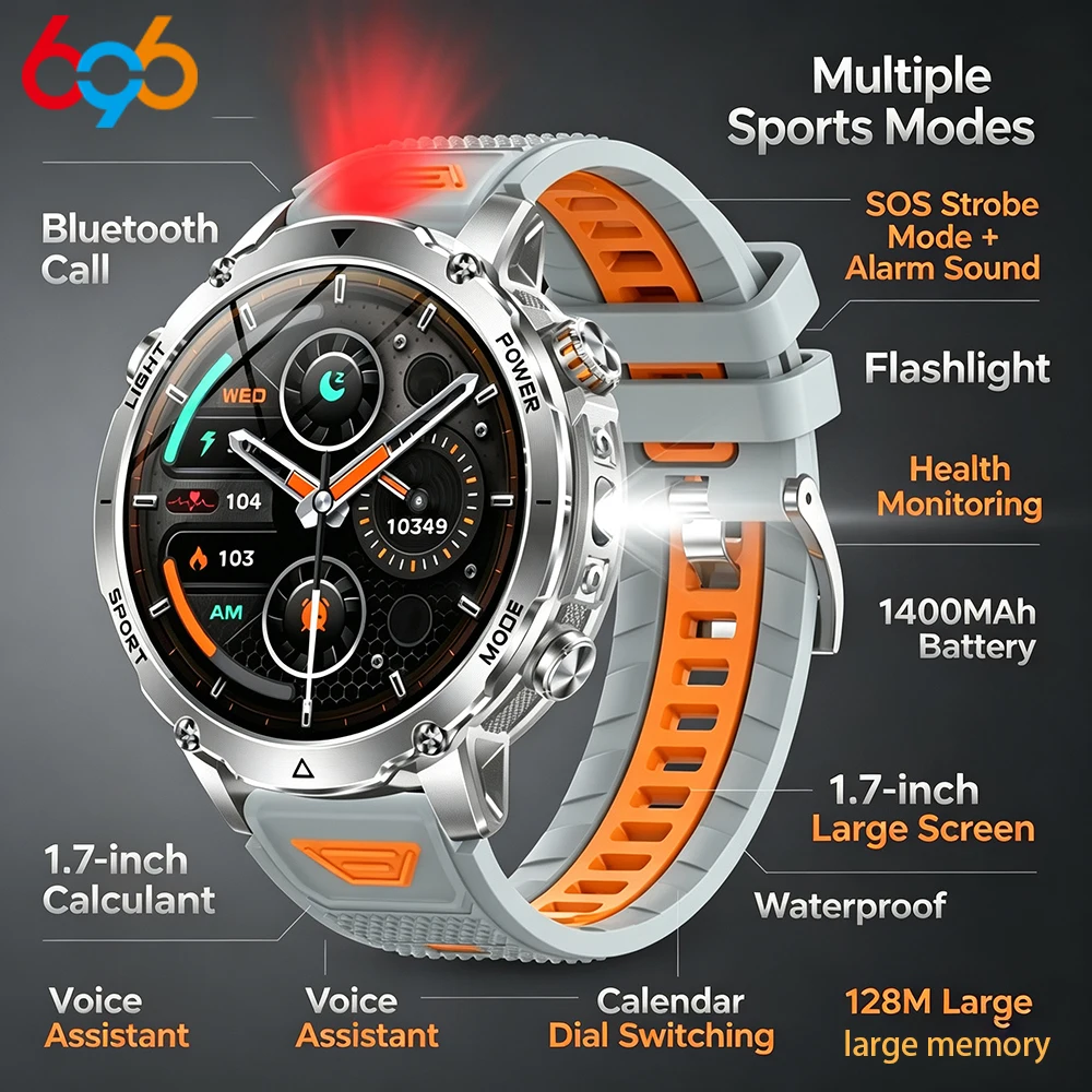 

Military Smart Watch Men Outdoor Flashlight Health Smartwatch Waterproof SOS Heart Rate BT Call Sports Bracelet 1400mAh Battery