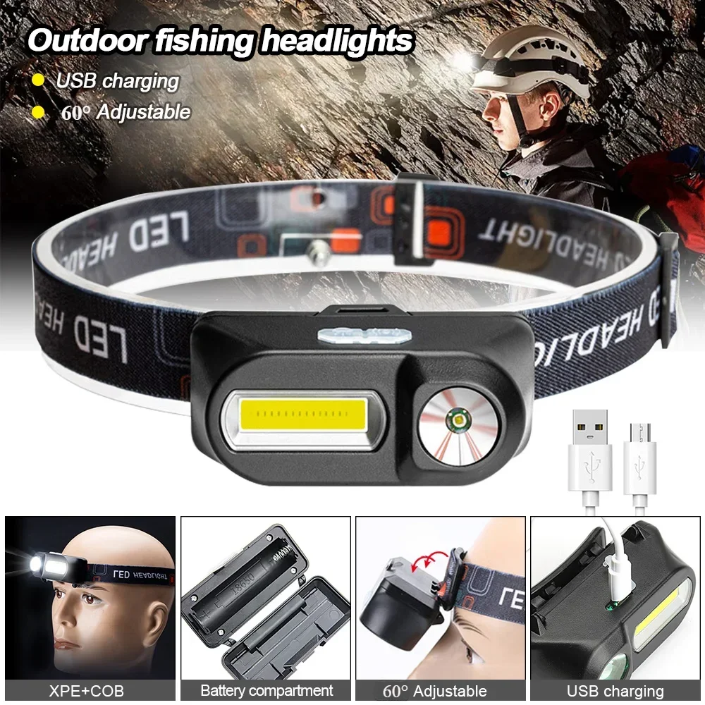 Powerful LED+COB Headlamp USB Rechargeable Headlight Mini Head Flashlight 6 Modes Camping Fishing Torch Power By 18650 Battery