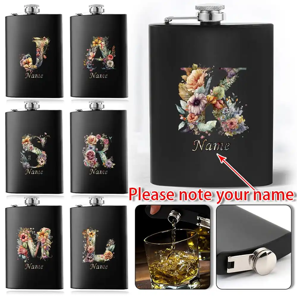 

Customized Name Hip Flask Metal Wine Pot 8oz Stainless Steel Liquor Bottle Cup Easy To Carry Floral Watercolor Letter for Gift