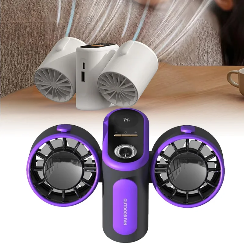 

Portable Double Head Camping Fan with LED Light & Smart Display - Hanging Waist Mini Fan for Outdoor Sports, Office, Bedroom
