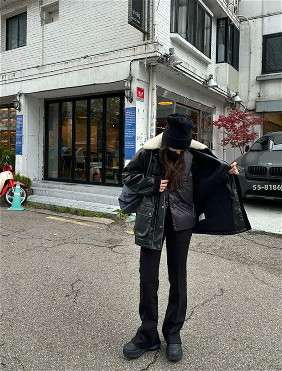 

Warm Detachable Lamb Fur Vest Cotton Lined Leather Jacket East Gate 26 Autumn Winter Fashion Ladies' Zipper Closure Coat