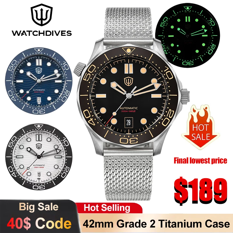 Watchdives WD007 V4 Mechanical Watch Grade 2 Titanium PT5000 Automatic Movement Luxury Watches 42mm Sapphire Luminous Mens Watch