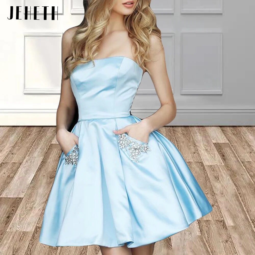 

JEHETH Strapless Satin Homecoming Dresses Vestidos De Fiesta A-line With Pockets Rhinestone Short Prom Gown Size 0-12 In Stock