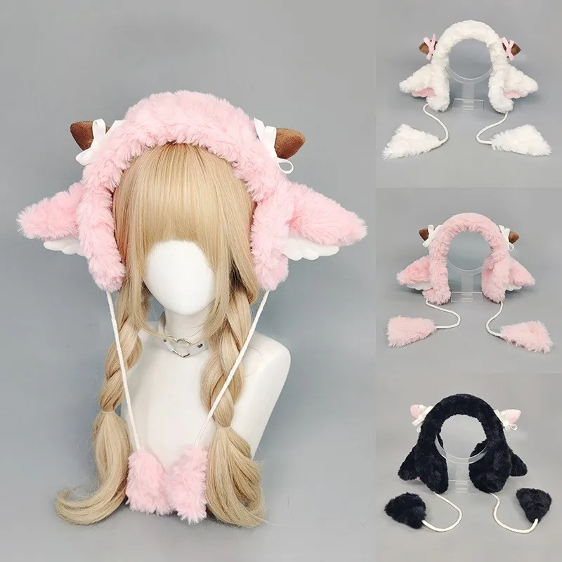 

Милая повязка на голову с овечьими ушками и рогами для девочек, милые наушники для тепла, зимняя шапка, вечерние головные уборы, петли для волос, милая повязка на голову с лентой, новинка