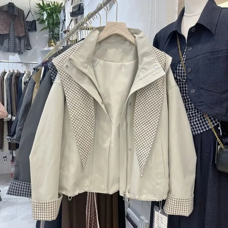 

Модный плащ женский2025Весна-Осень Новая корейская ветровка Куртка женская клетчатая куртка с капюшоном короткое пальто Топ
