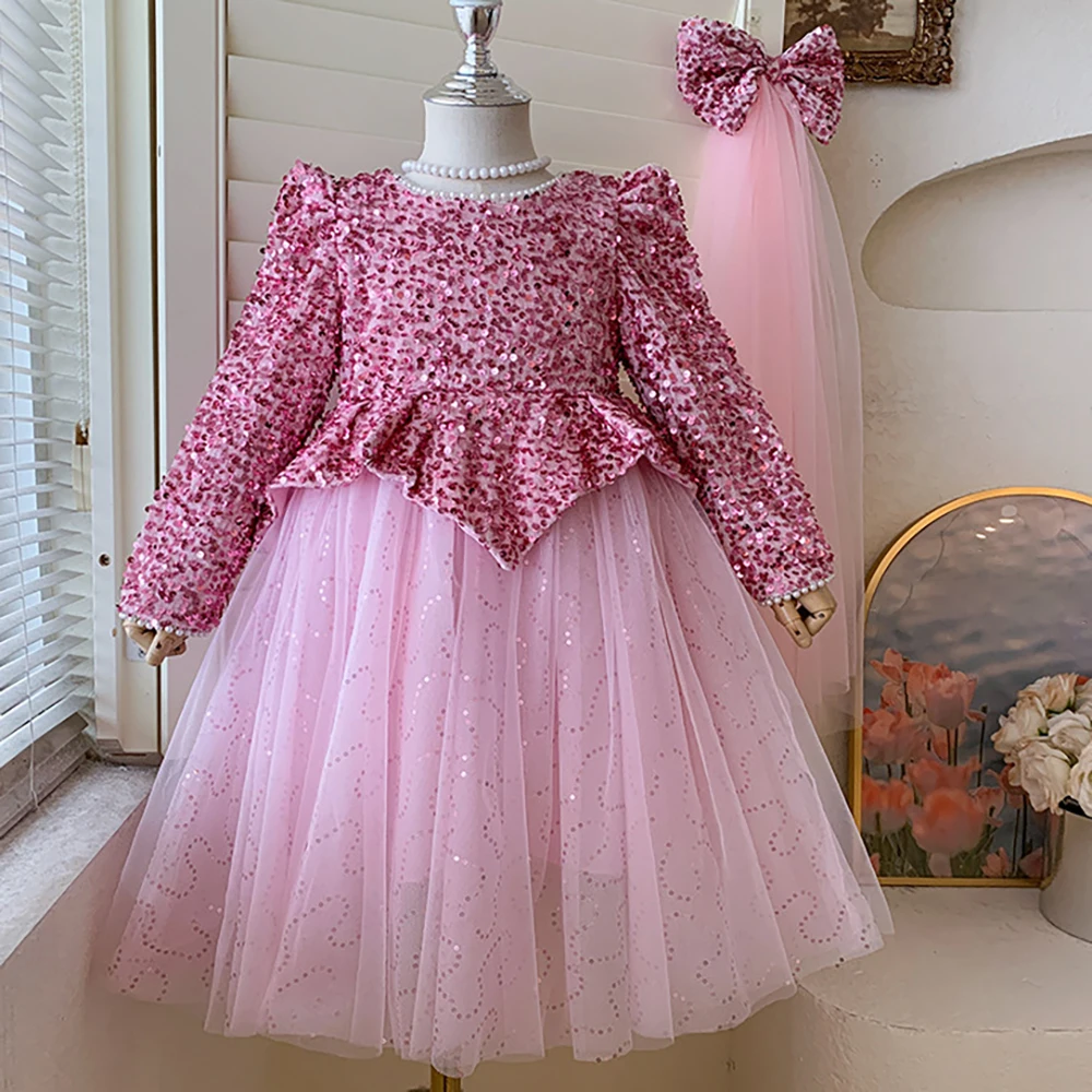 

Sequined Princess Dress For Girl With Bow Headdress Christmas New Year Birthday Gifts Children's Clothing For 3-8Y Baby Girl