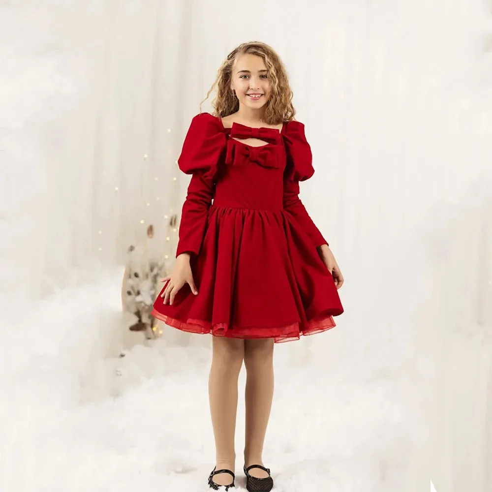

Customized Red Flower Girl Dress With Bow Knee Length Communion Ball Birthday Princess Graduation Ceremony Wedding Party