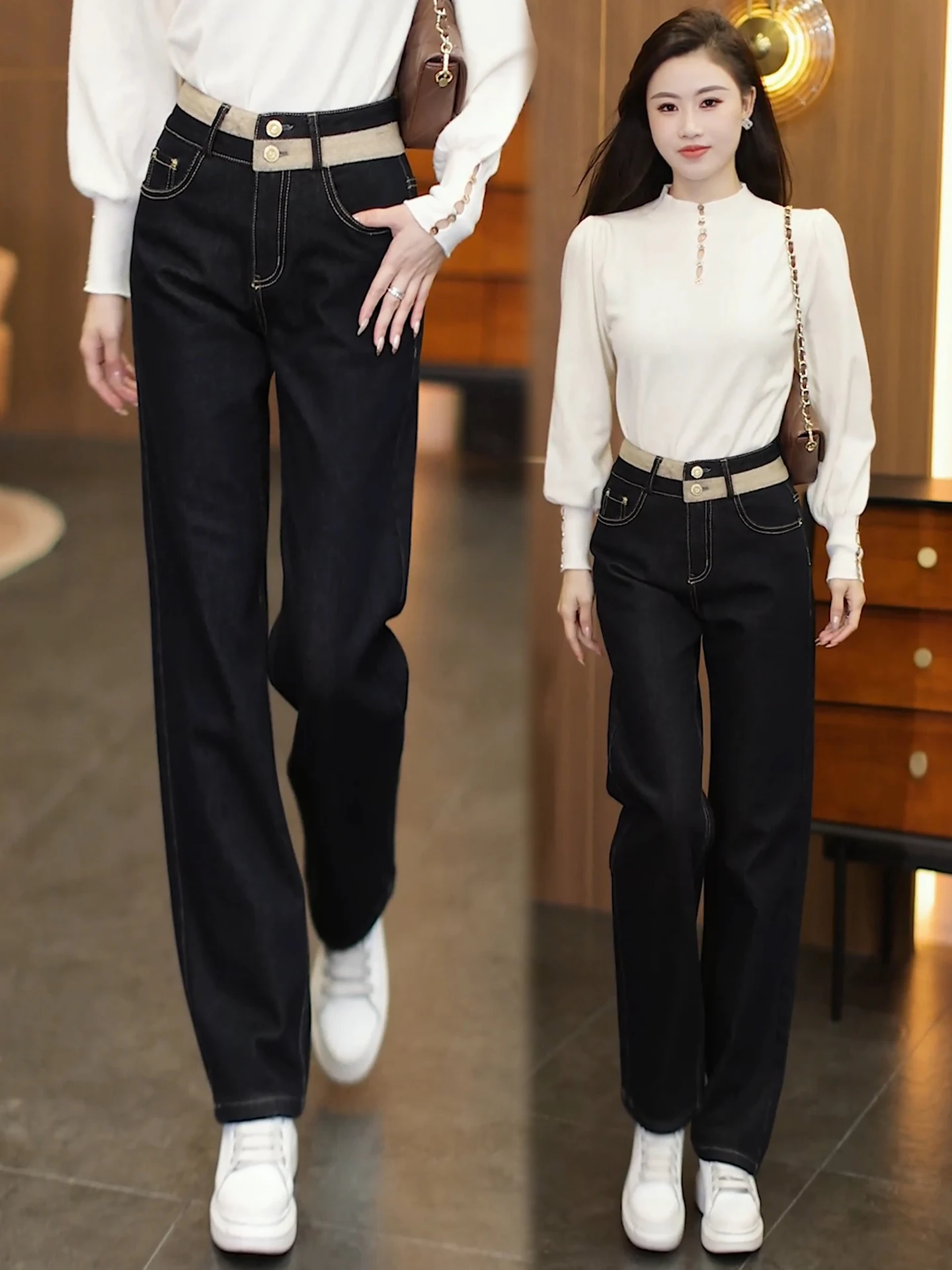 

High Waist Thickened Fleece-lined Slim Straight Denim Jeans Women's Autumn Winter New Style Casual High Waist Slimming Wide L...