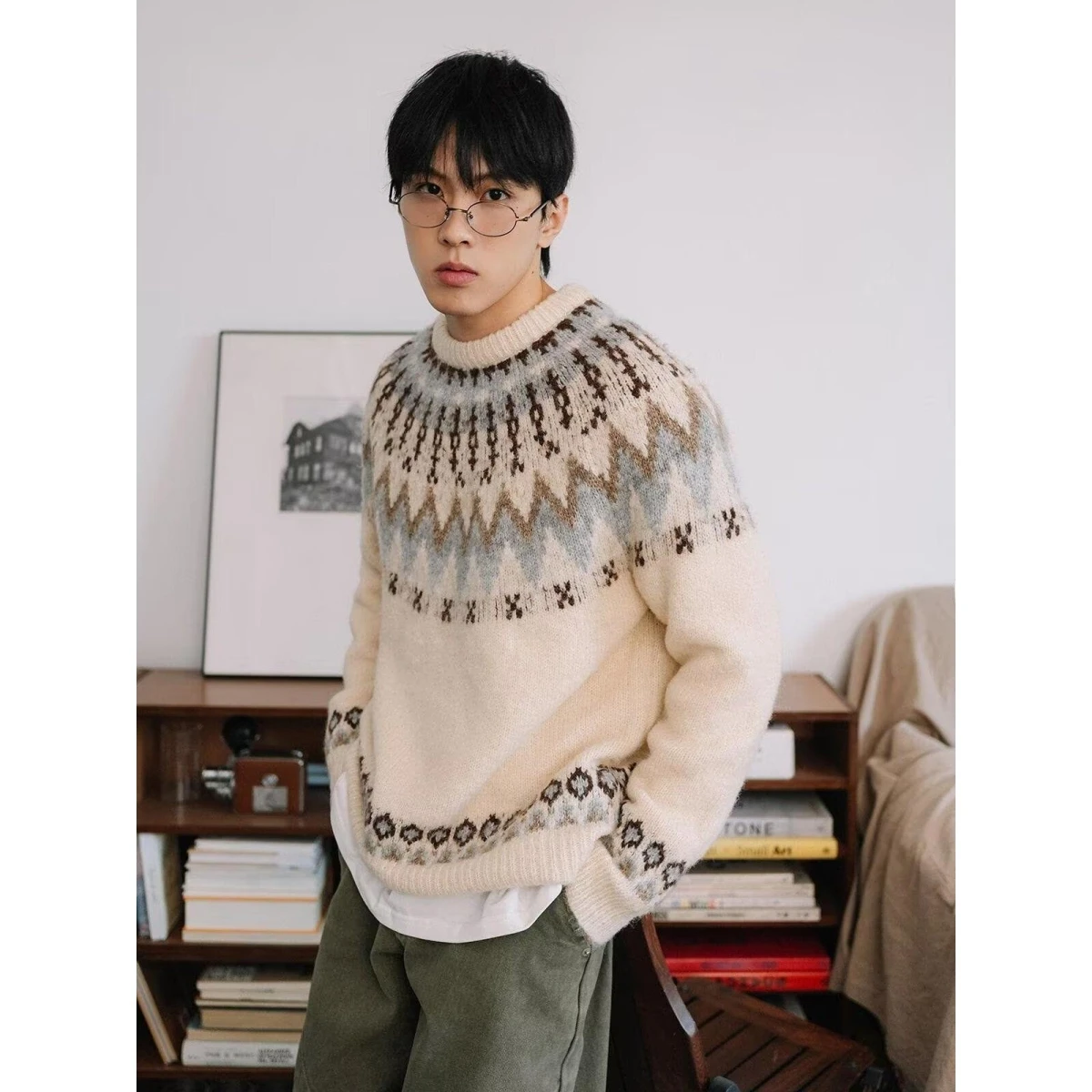 

American Sle V-Ne Knitted Sweater Cardigan Men's Color Casual Loose Fit Winter Outerwear Polyester Fiber