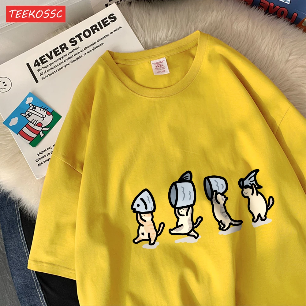Vier Kleine Katzen Halten Fishcotton Frauen T-Shirts Cartoons Drucke T Shirts Weiche Oansatz Lose Kurzarm Tops Sommer Kleidung – Detail 23