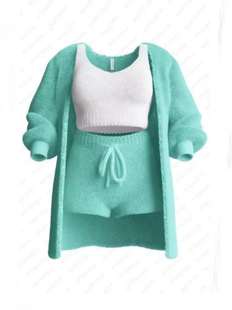 Spring Autumn Woman's Short Pant Three-piece Set Fashion Solid Color Vest +lace-up Pants+coat Suit Ladies Leisure Comfort Outfit