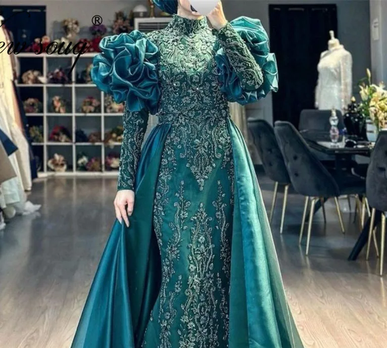 

Robes De Soiree 2025 Green Ruffles Prom Dress Customized Beading Evening Dresses With Overskirt Dubai Bridesmaid Party Gowns