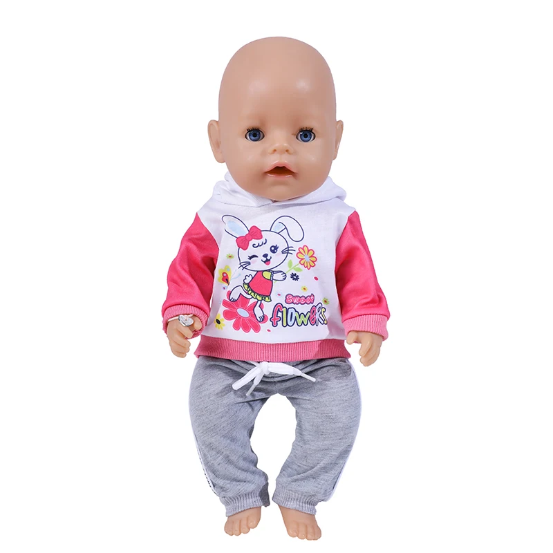 Ropa de muñeca de 17 pulgadas, sudaderas con capucha de perro de dibujos animados, pantalones de 43cm, ropa de bebé recién nacido, traje deportivo,