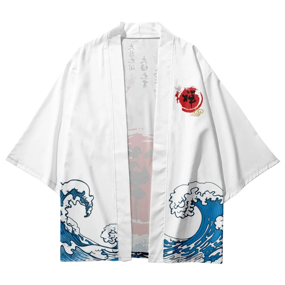 Chinese Style Crane Print White Kimono Fashion Japanese Streetwear Men Women Cardigan Cosplay Shirts Harajuku Samurai Haori