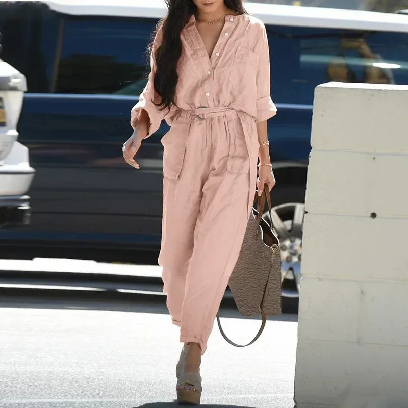 Sommer Casual Baumwolle Leinen Cargo Overall frauen Mode Taste Tasche Revers Frau Strampler Overalls Weibliche