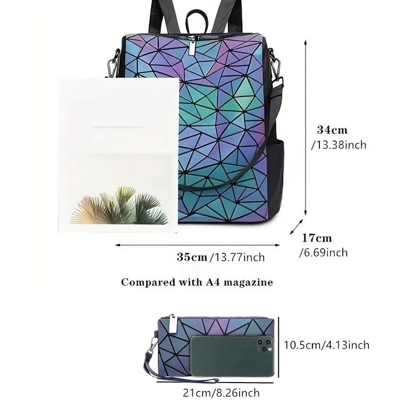 Luminous Backpack for Women, Geometric Diamond Lattice Travel Shoulder Bag with Removable Shoulder Strap