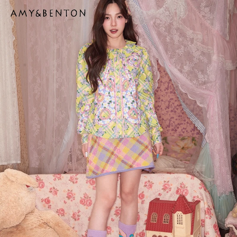 

Original Design Green Splicing Butterfly Floral Plaid Women's Shirt Autumn New Fresh Sweet Versatile Long Sleeve Shirts Ladies