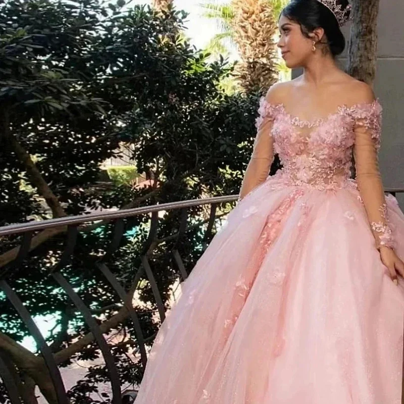 Angelsbridep Glinsterende Roze Baljurk Quinceanera Jurken Kralen Kanten Verjaardag Formeel Avondfeest Prom Vestidos De 15 Anos