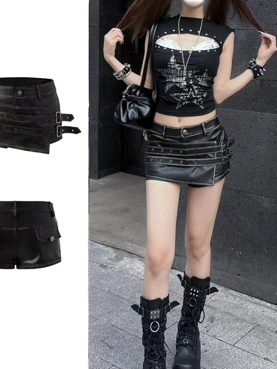 Sexy Asymmetric Vintage Leather Shorts Women's Low Waist Zipper Closure Slimming Trendy Butt Covering Skirt Pants Casual Pants