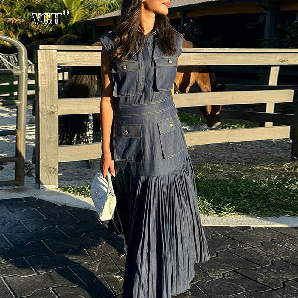 

VGH American Vintage Denim Sleeveless Maxi Dress for Women Lapel Spliced Utility Pockets Slim Pleated Skirt for Casual Outings