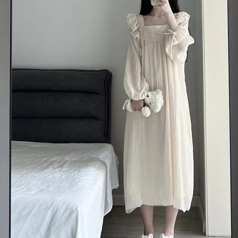 Lace Nightgown Sleepwear Women Korean Ruffles Night Dress Spring One Piece Pajamas Long Sleeve Square Collar Home Wear 2024 New